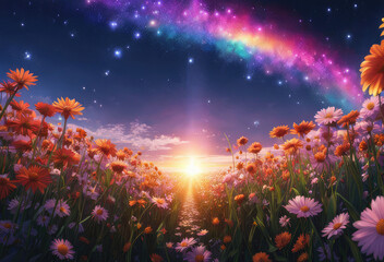 Generative AI, Beautiful Niji Anime cinematic scenery of a beautiful flower field with a beautiful sky, beautiful meteor shower, cool niji anime landscape, stunning blooming Niji Anime flower scenery