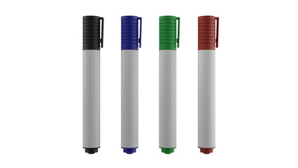 Set of colorful permanent markers with caps isolated on transparent and white background. Office concept. 3D render