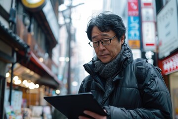 Obraz premium Handsome Asian man using digital tablet standing at the street . ai generated