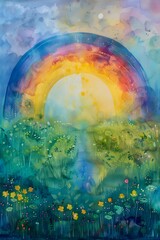 Vibrant Arching Rainbow Over Serene Meadow Landscape in Fantasy Watercolor Painting