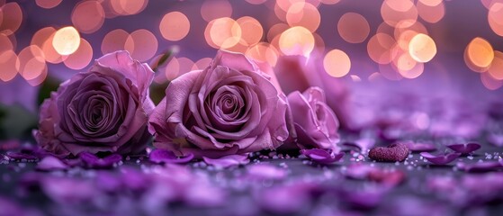 Purple roses and purple hearts on purple background with bokeh lights.