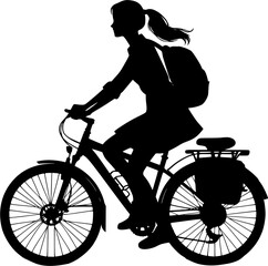 silhouette of a girl with a bicycle, woman riding touring bike illustration