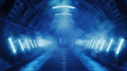 3d render of futuristic tunnel with blue lights and fog, scifi background, space station corridor