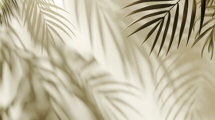 Obraz premium Minimalist background with palm leaves casting soft shadows on a beige wall. Light and shadow interplay creates a serene, natural atmosphere.