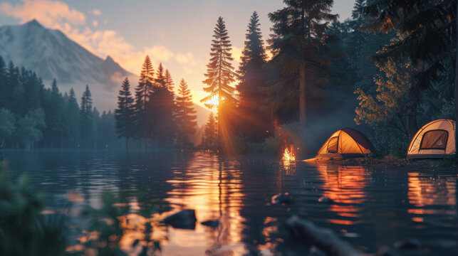 Beautiful camp scene with some tents beside a lake, campfire, golden hour, low camera angle