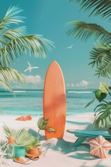 Playful beach holiday scene with essentials and surfboard
