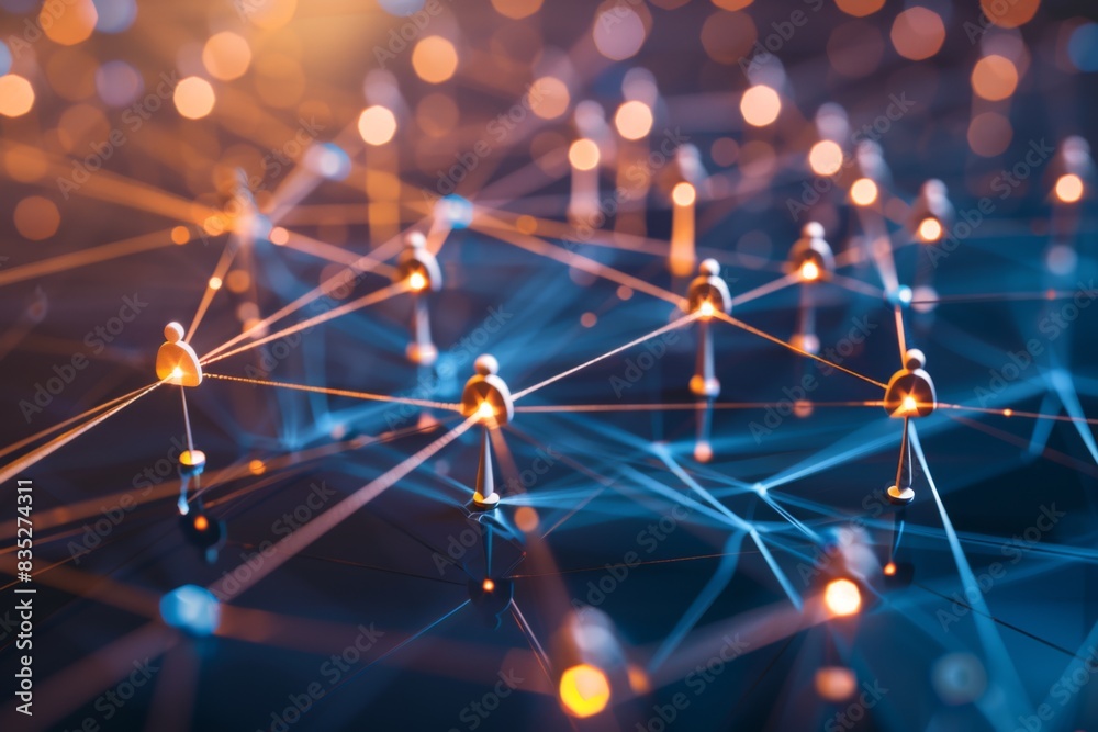 Poster futuristic abstract image visualizing connectivity with glowing network nodes and interconnected lin