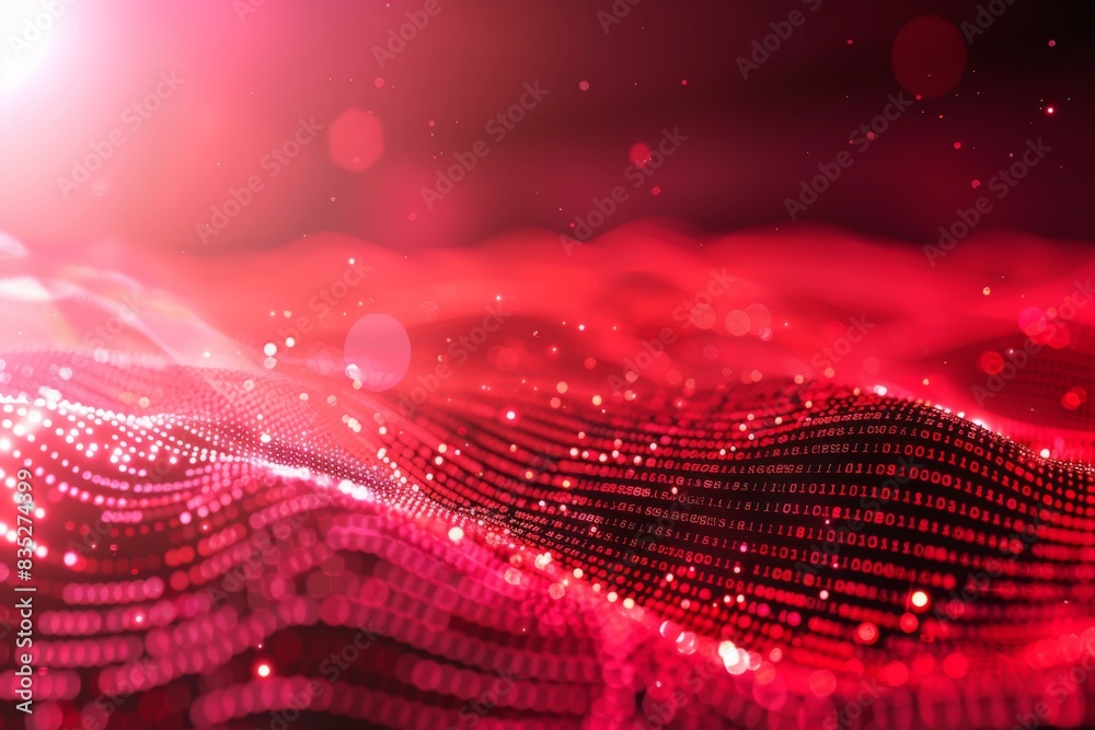Poster striking red digital wave pattern with glowing particles creates a dynamic abstract background