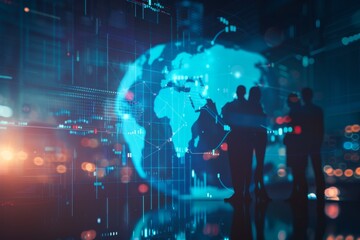 Business professionals and global network concept with silhouettes and world map hologram