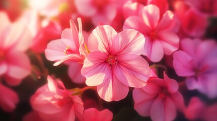 Close-up shot of vibrant pink flowers in full bloom with soft, warm sunlight creating a dreamy, ethereal atmosphere. - Powered by Adobe