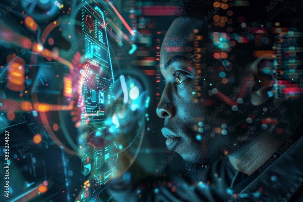 Poster this image displays a circular patterned tech environment with glowing digits, evoking a sense of ad