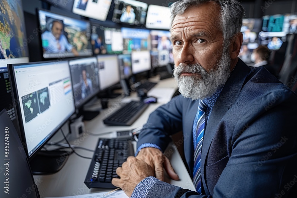 Poster an image depicting a businessman analyzing data on multiple computer screens in a modern trading or 