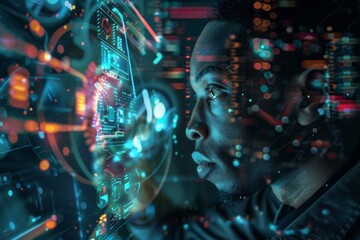 This image displays a circular patterned tech environment with glowing digits, evoking a sense of advanced digital systems - Powered by Adobe