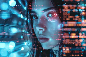 This image uses digital data and light to abstract a person's shape, creating a sense of futuristic identity