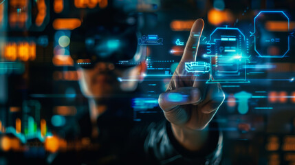 Portrait of a man in VR glasses controlling a glowing hologram of windows, symbols and panels. A young man wearing a virtual reality headset plays against a dark background. Technology concept.