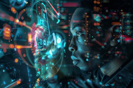 This image displays a circular patterned tech environment with glowing digits, evoking a sense of advanced digital systems