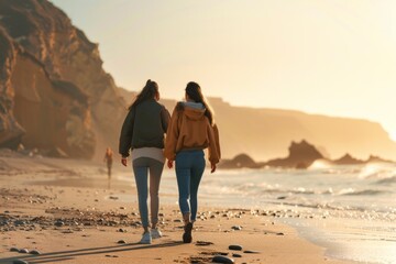 Two women enjoying a walk on a sandy beach with cliffs during golden hour