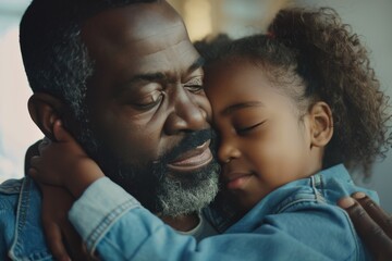 Fototapeta premium A tender moment captured with a guardian affectionately holding a young child in a gentle, protective embrace