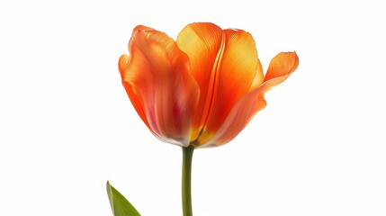 A single orange tulip with vivid petals, standing out against a pure white background