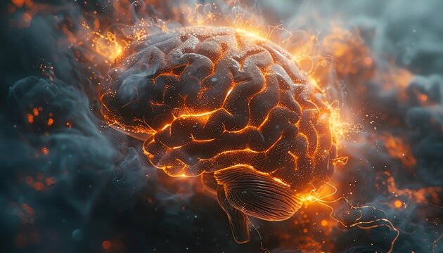 A visually striking image of a glowing brain, surrounded by mist and sparks, symbolizing creativity and intelligence.