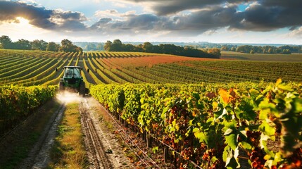 A tractor driving through rows of grapevines in a vineyard during sunset, with vibrant green and reddish foliage under a cloudy sky.