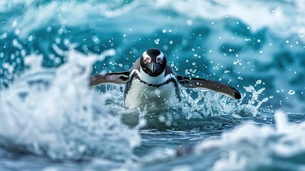 Naklejka premium Magnificent Penguin on iceberg in clear polar sea