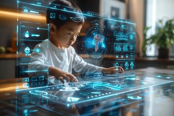 A child with a blurred face engages with a holographic interface showing a globe and data, depicting modern technology and education