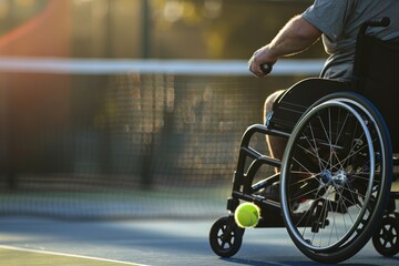 Obraz premium An athlete in a wheelchair is pictured with a tennis racket and ball on an outdoor tennis court at sunset