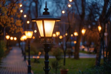 Warm glowing street lamps illuminating a peaceful park walkway surrounded by trees during dusk evening time