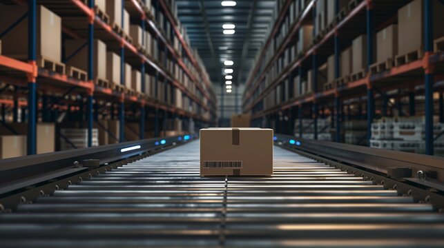A cardboard package with a barcode label traveling on a conveyor belt inside a large, modern warehouse. The package is the focal point, with the background