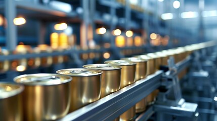 Fototapeta premium A conveyor belt in a factory with rows of metal cans ready for packaging or processing.