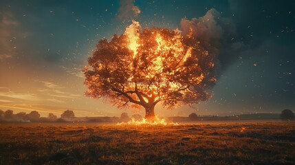 Tree in Flame Struck By Lightning