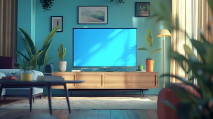 Modern living room with a large flat-screen TV on a wooden console, surrounded by potted plants, wall art, and a cozy ambiance with natural light.