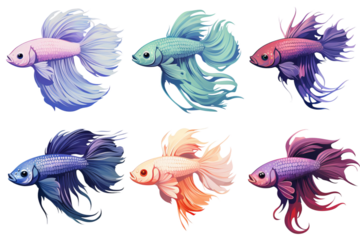 collection of various types of 2D betta fish avatars, plain white background.