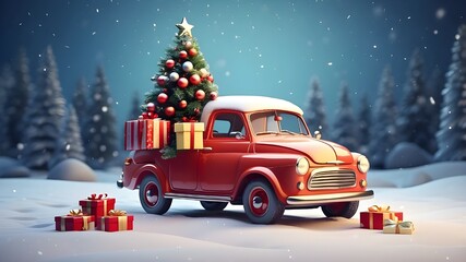 A toy car pulling a Christmas tree and gifts through the snow in a winter park is a Christmas décor. AI-produced.