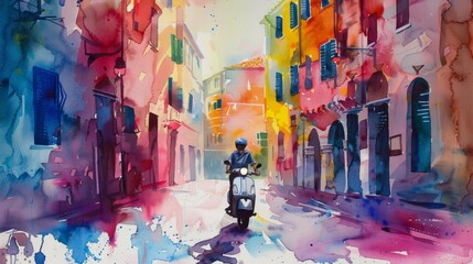 Fototapeta premium Vibrant italian street watercolor. Colorful watercolor painting of a sunny Italian street scene, featuring a person riding a scooter.