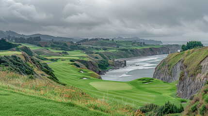 Unusually Spectacular Cliffside Golf Course Unique Landscape with Stunning Ocean Views and Dramatic Rock Formations in the Background Wallpaper Digital Art Poster Brainstorming Map Magazine Background