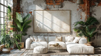 Mockup frame. Living room poster mockup. Interior mockup with white house background. Modern interior design. 3D Rendering