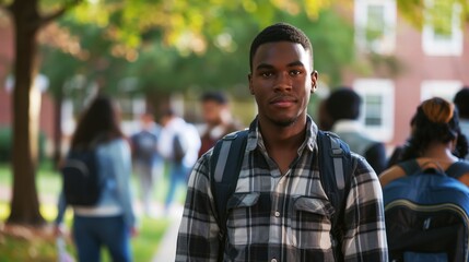 Fototapeta premium Young male student standing outdoors on a college campus with a backpack, looking at the camera. Other students are visible in the background.