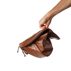 closeup of flipping a mans purse upside down on an isolated white background