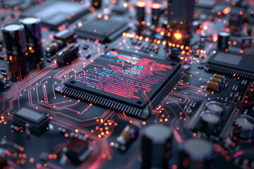 Double exposure of a complex logic board, its circuits and components interwoven with the code of an AI algorithm, illustrating the hardware and software collaboration in AI systems.