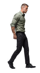 Naklejka premium Isolated walking handsome young man wearing black trousers and green shirt, png,cutout on transparent background, ready for architectural visualisation