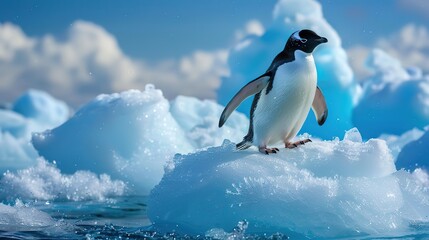 Obraz premium Amazing Adelie penguin (Pygoscelis adeliae) on blue ice berg, Graham Passage, Antarctic Peninsula
