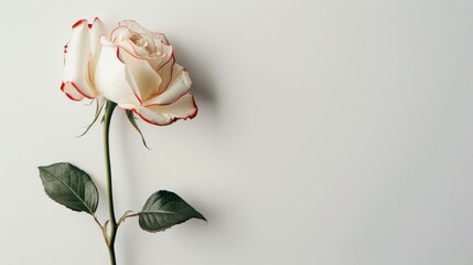 A single white rose with red-tipped petals, standing out against a completely white background