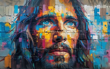 A colorful street art mural of a Jesus with abstract patterns