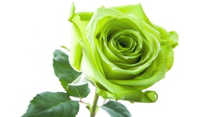 A vibrant green rose with an unusual color, highlighted against a simple white background