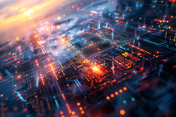 Obraz premium Double exposure of a quantum computer's processor, the heart of computational power, seamlessly merging 