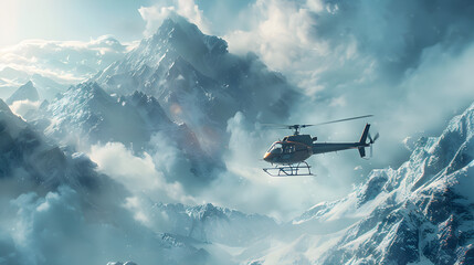 A helicopter flying high above the mountains, creating a sense of excitement and freedom. It depicts the thrill of air travel and adventure.