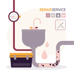 Old sewerage. Broken water supply. Water leak. Blockage in water supply pipes. Plumbing repairs are required. Washbasin becomes clogged with water leaking.