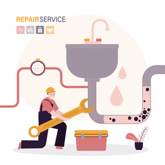 Old sewerage. Broken water supply. Water leak. Repairman uses wrench and fix blockage in water supply pipes. Handyman repairing plumbing.